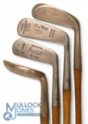 4x Assorted putters including a Brown Vardon metal mallet head with dropped toe stamped W Gibson,
