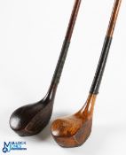 Pair of late scare neck woods incl a Bulger brassie in golden persimmon stamped D M Patrick, with