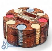 A Fine Vintage Golf Golfer embossed Poker Chips, in a period wooden storage case/rack with chrome
