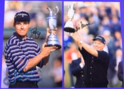 1997 Justin Leonard and 1998 Mark O'Meara Open Golf Champions signed colour press photographs -