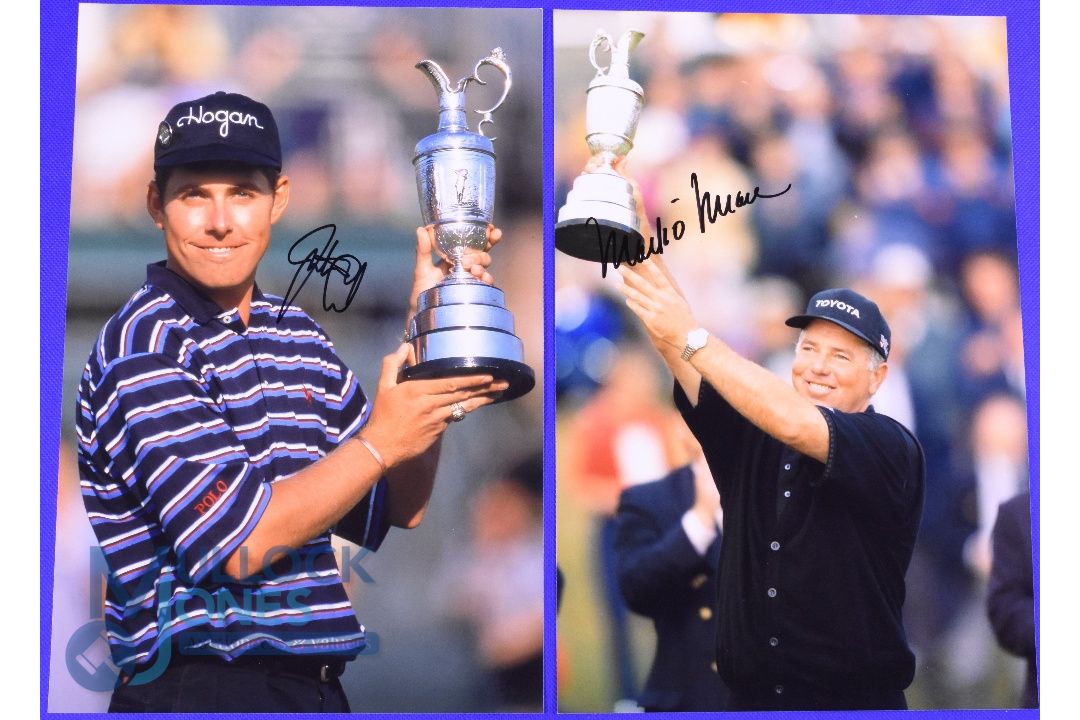 1997 Justin Leonard and 1998 Mark O'Meara Open Golf Champions signed colour press photographs -