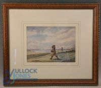 1895 Lieutenant F G Tait Golf Watercolour: a fine image of tee off with a Scottish coast scene,