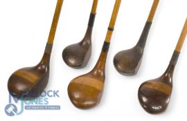 5x Assorted socket neck woods incl 3x stripe tops a W Winton brassie, Rangefinder brassie and