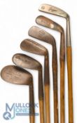 6x Assorted irons to incl dreadnought niblick showing the Mitre brand, flanged sole Gibson special