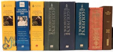 Golfers' Handbooks: years 1975, 1996 (p/b), 1997, 1998, 2003 x3, and 2006, plus a Golf Badminton