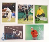 5x Golf signed colour Photographs, with signatures of G McDowell, Mark James, Larry Nelson, Miguel