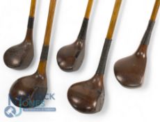 5x Assorted socket neck persimmon woods incl Bulldog spoon stamped Burt Reveley another large