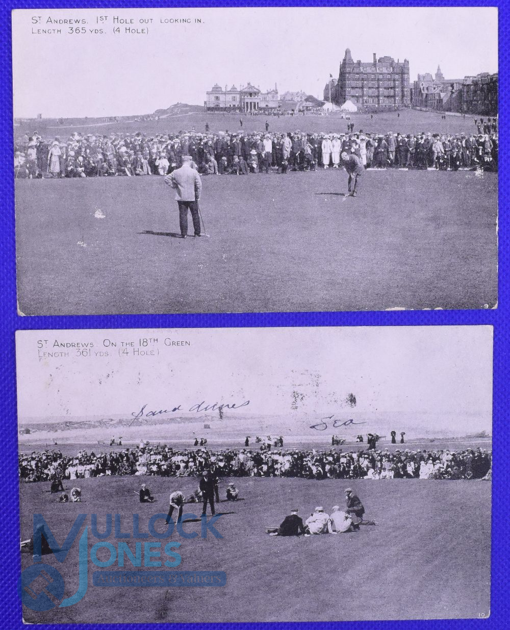 2x interesting 1905 Open Golf Championship St Andrews postcards - one of the '1st hole' with both