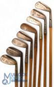 8x Assorted Maxwell Irons incl Gibson driving iron, the Standard Golf Co never rust cleek, an