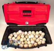 Qty of Modern Dimple Golf Balls within a plastic toolbox, a selection of used balls to include