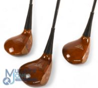 3x Matching MacGregor MT Tourney Persimmon 1, 3 and 4 woods - reg'd no M43 to the toe of the sole,