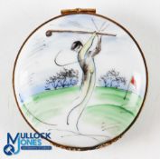 Limoges Round Box with golfer Design with gilt colour metal edges and clasp, hand written makers