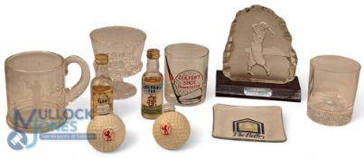 Golf Whisky Tumbler and glass wear: a selection of miniature golf whisky bottles unused, 2 tumblers,