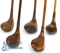 5x Assorted small head socket neck woods to incl stripe top spoon stamped D R Jones, 2x brassies