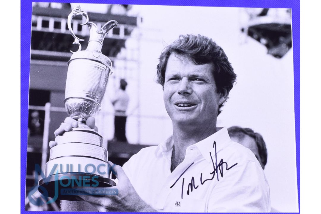 Tom Watson 5x Open Golf Champion signed b&w press photograph - holding the Claret jug - overall 8" x