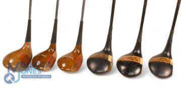 6x Steel shafted Persimmon woods features Tom Burton Special 1, 2 and 3 dark stained stripe topped