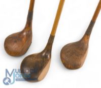 3x Assorted socket neck woods a driver and brassie both stamped McDonald to the crown, t/w an