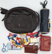 Period Golf Tee Bags, Holders, North British Rubber golf ball cleaner, a bag of assorted tees, a