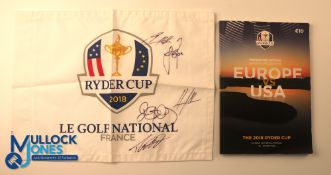 Autographs - multi-signed 2018 Ryder Cup France Golf Pin Flag and Programme- the flag signed in