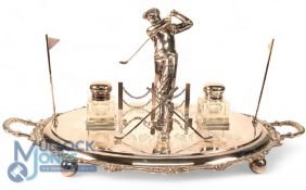 19th century Golf Desk Top Inkwell: Silver plated exquisite Inkwell set by Roberts & Belk, started