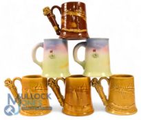 Collection of Period Ceramic Golfing Tankards (6) to incl an original 2x tone Dartmouth Pottery -