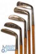5x Modern bright stainless Hickory shafted clubs to incl Geo Nicoll Nap putter and Gem putter,
