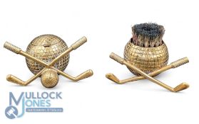Pair of Golf Ball shaped Inkwell and Nib Brush, golf ball shaped with clubs with its glass liner