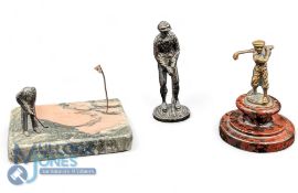 3x Metal Golfing Figures: 2 small bronze golf figures, one on a turned marble base #10cm tall and