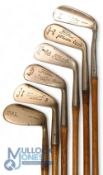 6x Stainless Assorted irons incl Robert Simpson, Carnoustie mashie, J Carstairs 1 iron, unusual D
