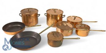 Copper Saucepan Set. Consisting of 4 graduated saucepans, 2 frying pans and 2 cooking pots all