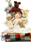 1930s Animal Teddies. Rabbit with 2 Babies 40cm, Grey Rabbit 40cm, Brown Teddy, small lamb, teddy