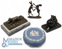 Selection of Ornaments. To include sculpture of a dog lying down is brass on a marble plinth, Bear