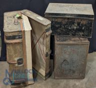 2x Metal Deed Boxes and a period Travel Trunk, the truck having wooden strapping leather handles