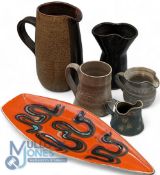 Poole Pottery Delphis Spear Dish by Jean Millership, with a collection of studio pottery jugs,