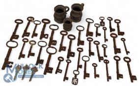 Collection of Antique Keys, 3x Pewter Gill Measures plus 3 modern AA keys