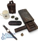 WW1 Military Items. Wooden Gas Rattle, Leather Pouch, Small Peace Medal, Peace Mug, Presentation
