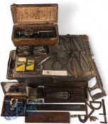 Wooden Chest of Engineering Tools: collection to include screw plant tools, boxed tape and die,