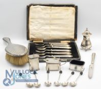 Selection of Hallmarked Silver Items. Cruit Set Mustard, Salt, Pepper, 6 Coffee Bean Spoons, set