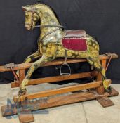 Vintage Rocking Horse, with carved head leather fittings and swing base - has signs of repair and