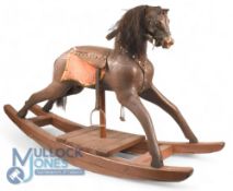 Antique Bow and Childs Rocking Horse, wooden carved horse in need of restoration retaining most of