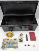 Japanned Metal Box with Collectables: Contents incl 1956 Bank of Scotland 5-pound banknote, a period