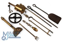 Period and Antique Brass Fireside Collectables: a Salter clockwork brass bottle jack, fire companion