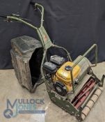 A Webb Petrol Lawn Roller Mower, Number 18, Painted Green with Black Plastic Grass Box that almost