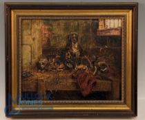 Victorian Oil on Canvas of Dog Resting in the Barn. Edwin Frederick Holt (British, 1830-1912) -