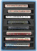 N Gauge Model Railway - Minitrix European Coaches Various Livery, all Housed in a plastic storage