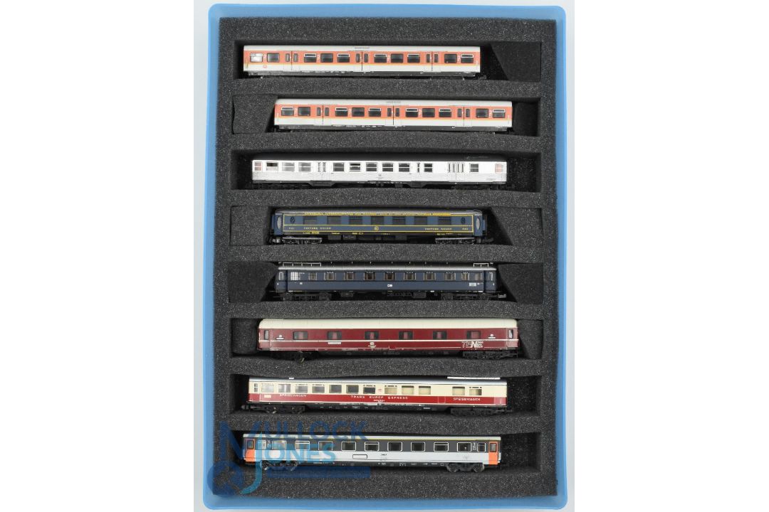 N Gauge Model Railway - Minitrix European Coaches Various Livery, all Housed in a plastic storage
