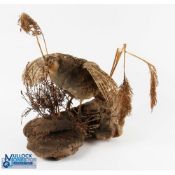 Taxidermy English Partridge, just about to take flight from heather and wheat scene, mounted on cork