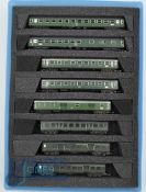 N Gauge Model Railway - Minitrix German DB Coaches Green Livery, all Housed in a plastic storage box