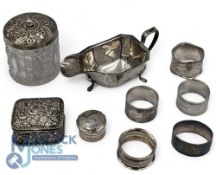 Selection of Hallmarked Silver Items. Sauce Boat, 4 Napkin Rings, Trinket Box Silver Topped glass