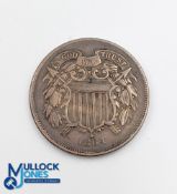 US 1864 Two Cent Piece Coin - large moto variant - in good used condition; plus US 1972 Dollar